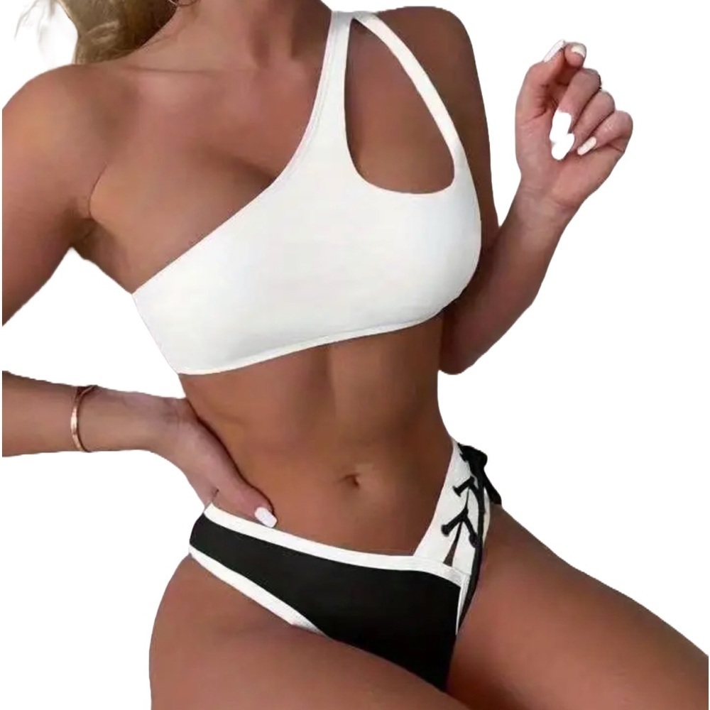 Black White Laced Up Cheeky Bikini Set - Picture 7 of 10